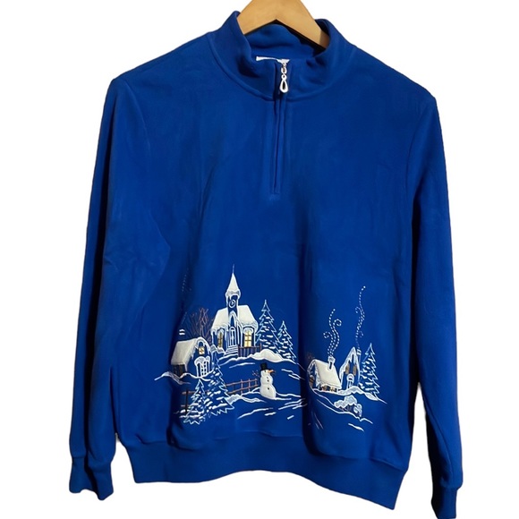 •ALFRED DUNNER•BLUE HOLIDAY WINTER SCENE EMBROIDERY 1/4 ZIP FLEECE PULLOVER  PM - Picture 1 of 7